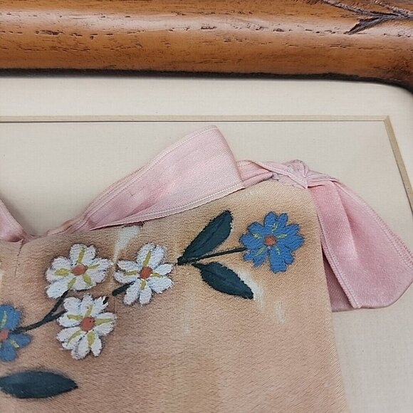 Vintage Antique Wall Hanging Wooden Framed 8x10" Hand Painted Pink Silk Bag - Picture 4 of 10